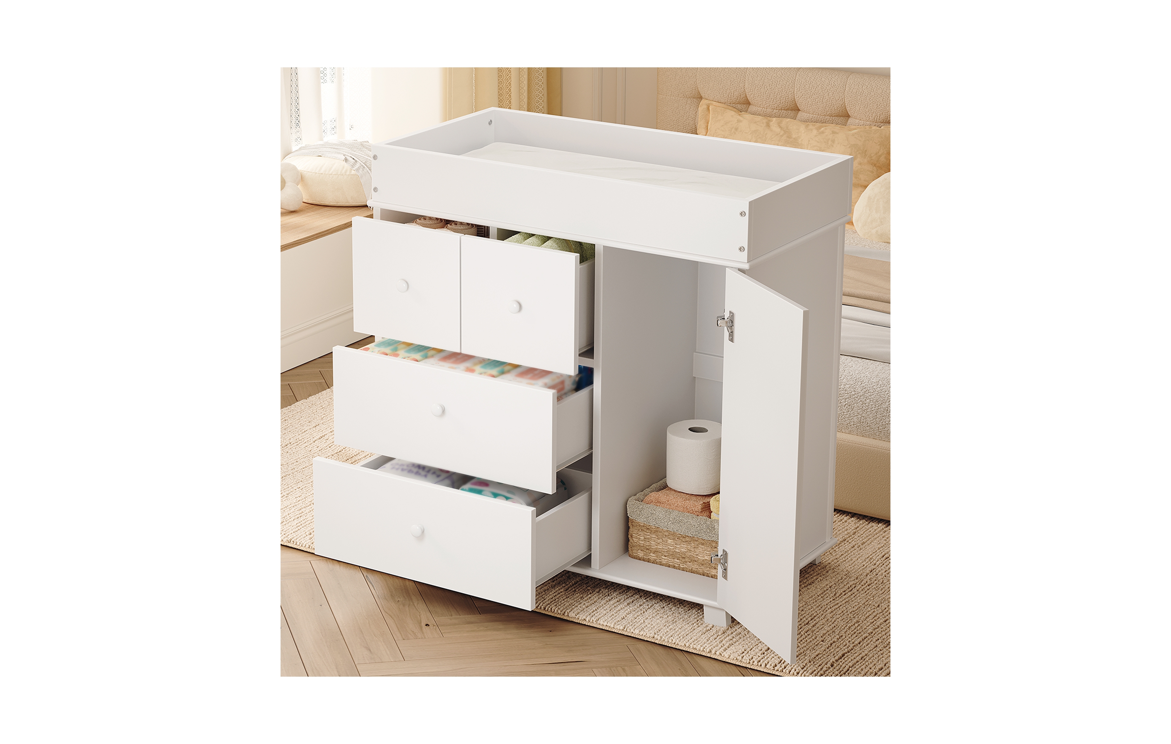 homfan Baby Changing Table Dresser for Infant Bedroom, Diaper Changing Station with Drawers and Storage Cabinet, Mdf Nursery Furniture,