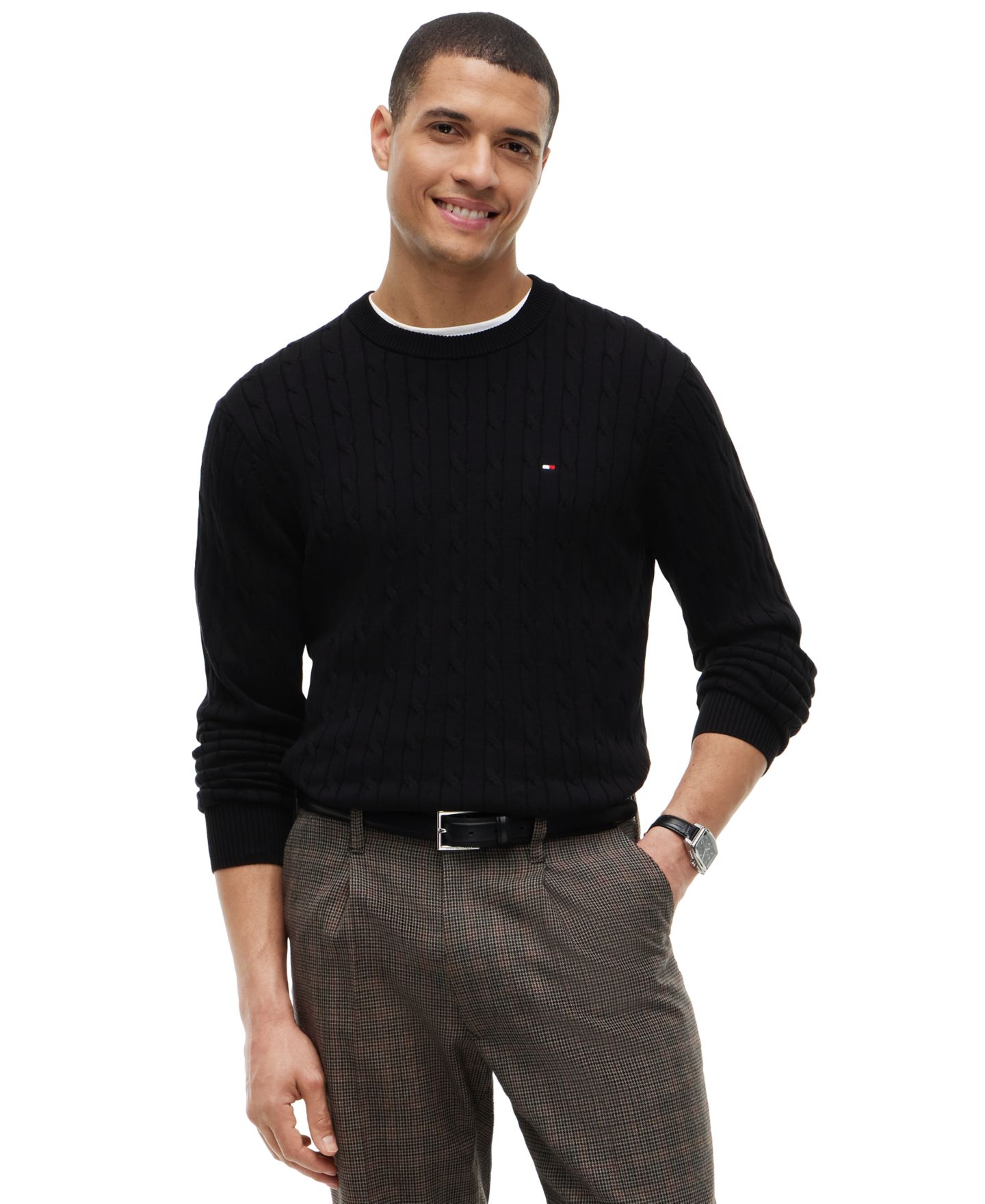 Мужской свитер Tommy Hilfiger Classic Cotton Cable Crewneck, цвет: Чёрный — фото 1