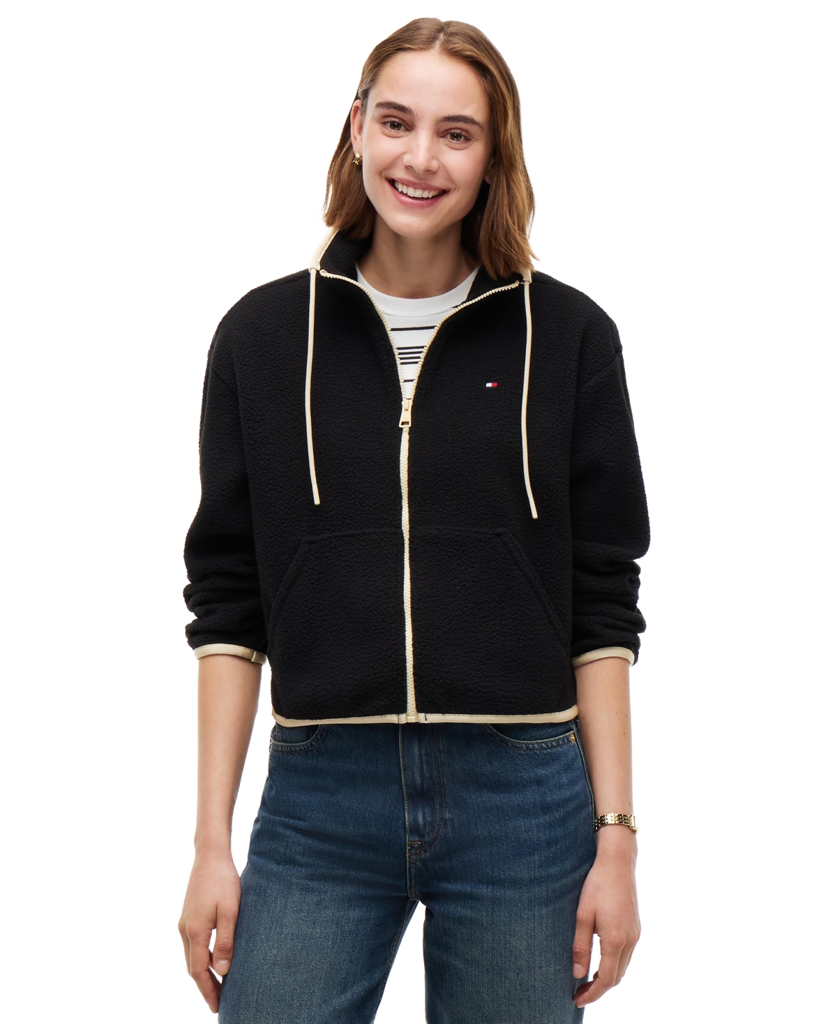 Tommy Hilfiger Women's Funnel Neck Long-Sleeve Fleece Jacket - Black