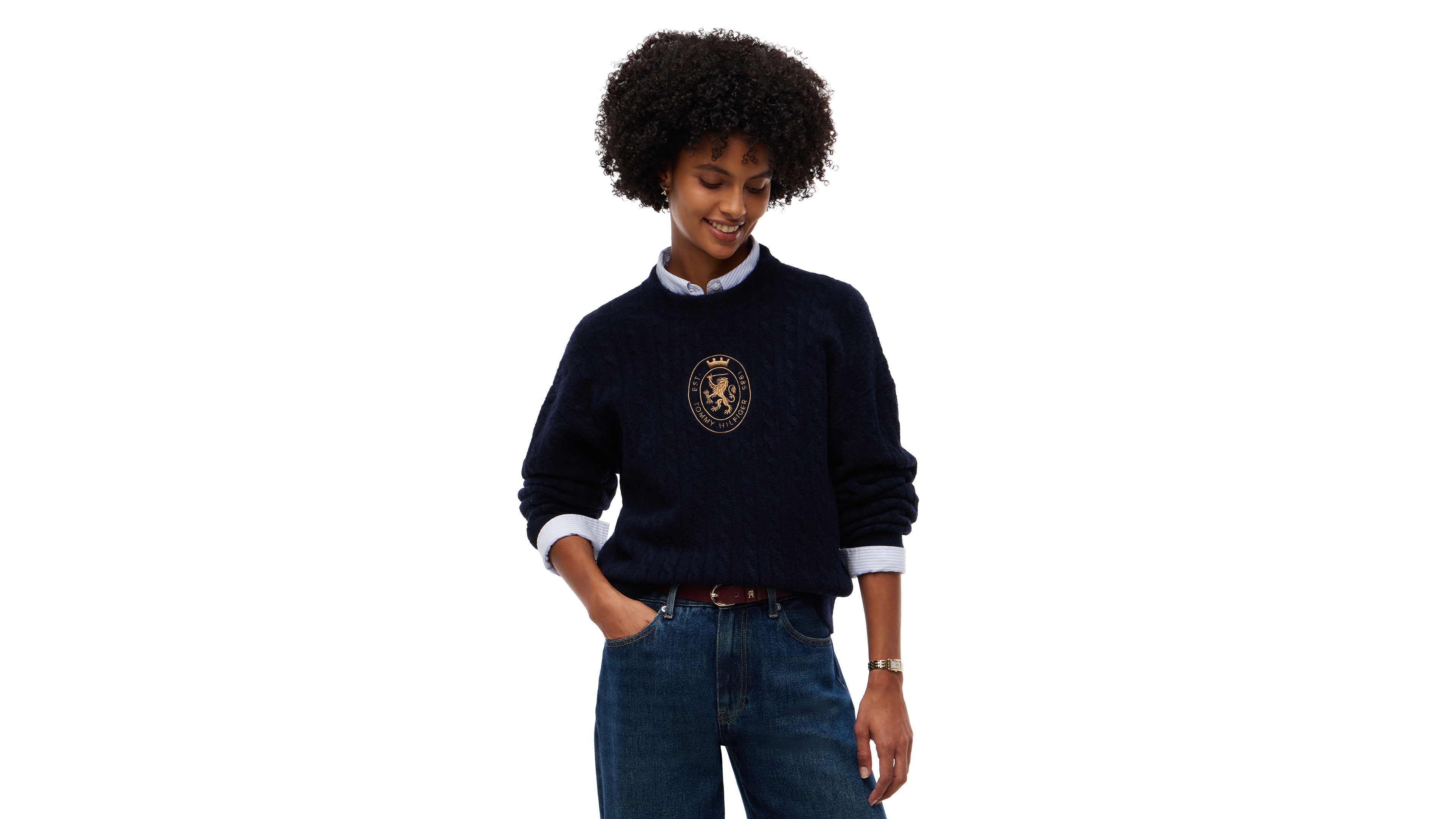 Tommy Hilfiger Women's Cable-Knit Crewneck Embroidered Crest Sweater