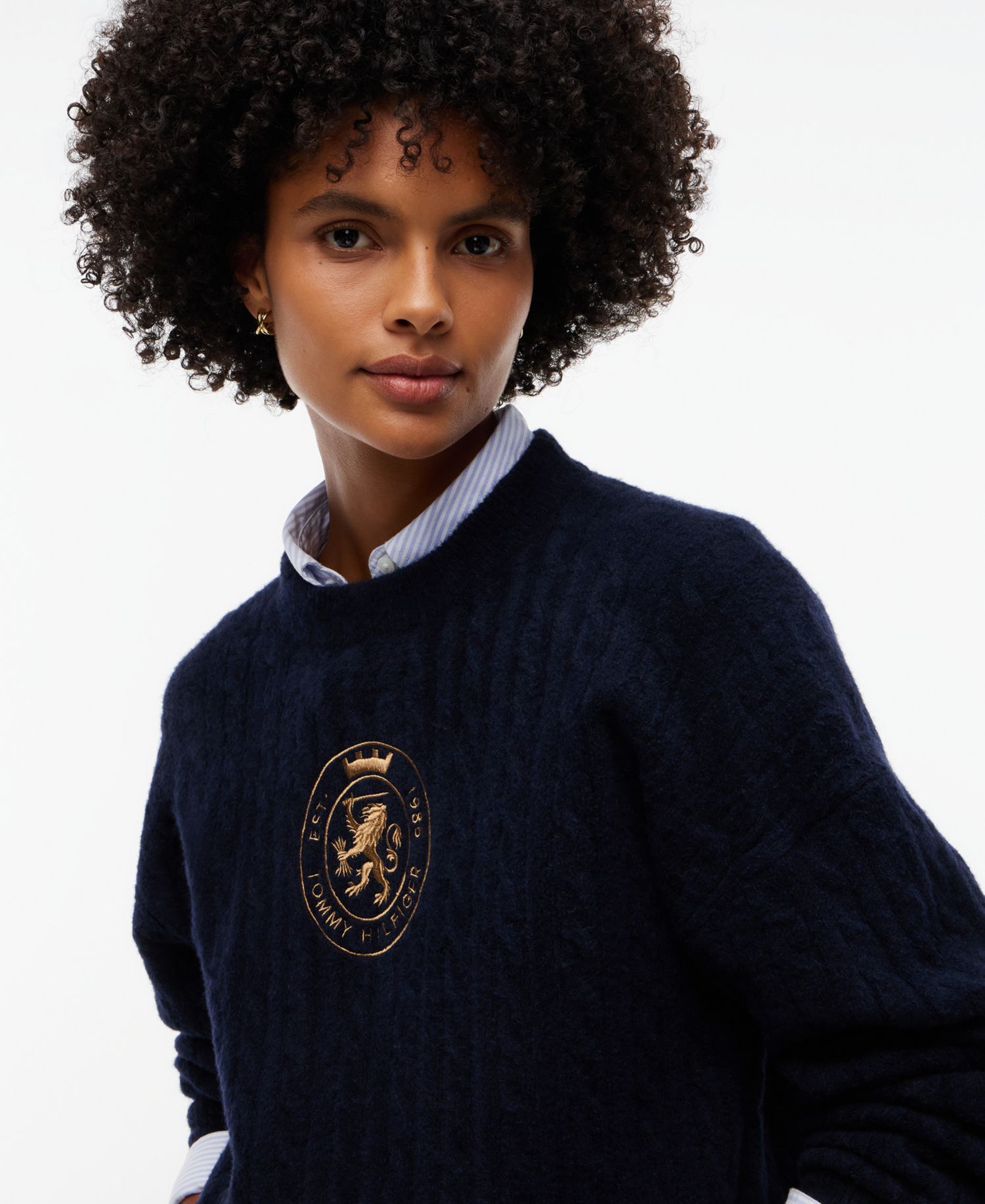 Women's Cable-Knit Crewneck Embroidered Crest Sweater