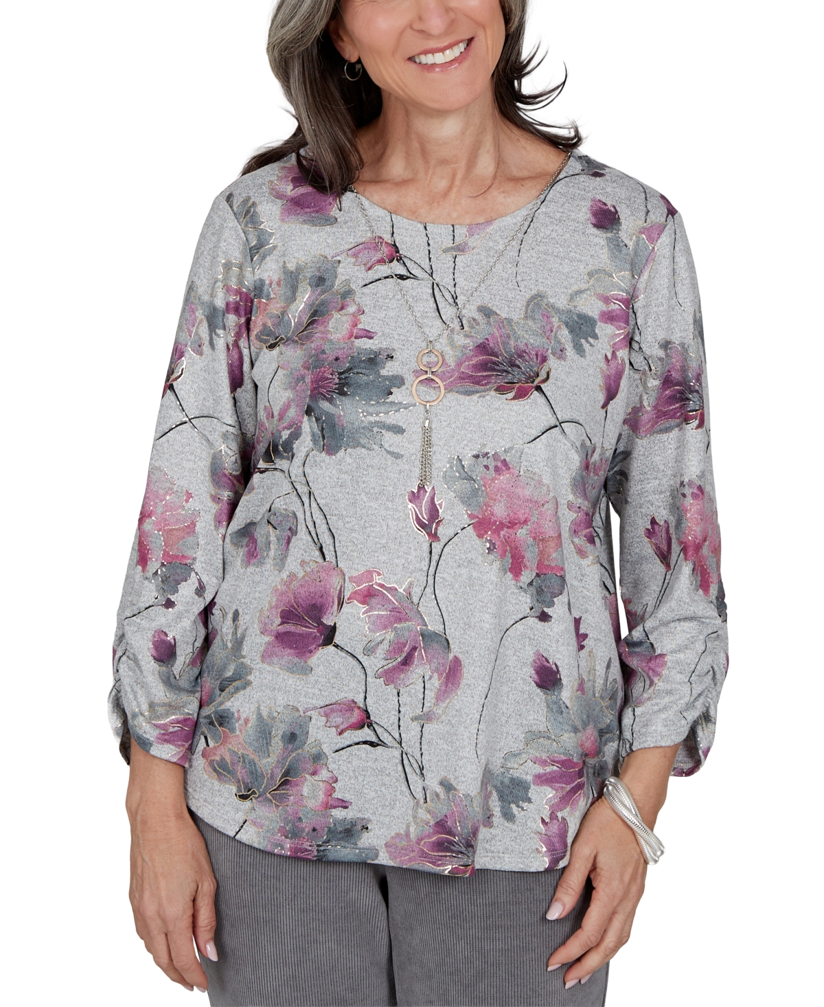Alfred Dunner Petite Floral-print 3/4-sleeve Curved-hem Blouse In Grey