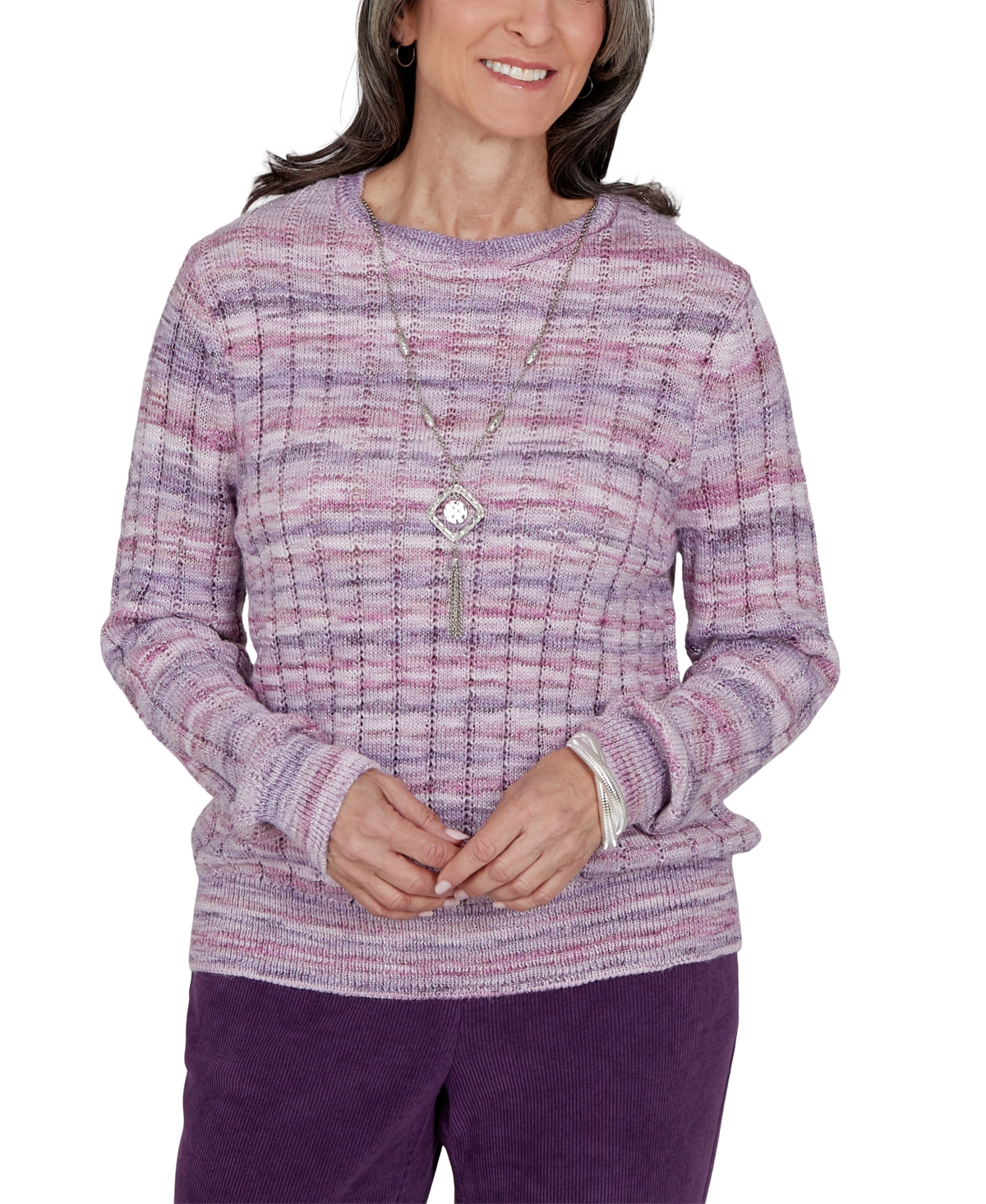 Alfred Dunner Petite Stripe Fitted Ribbed Sweater In Multi