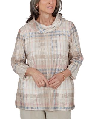 Petite Plaid Cowl Neck 3/4-Sleeve Tunic Top