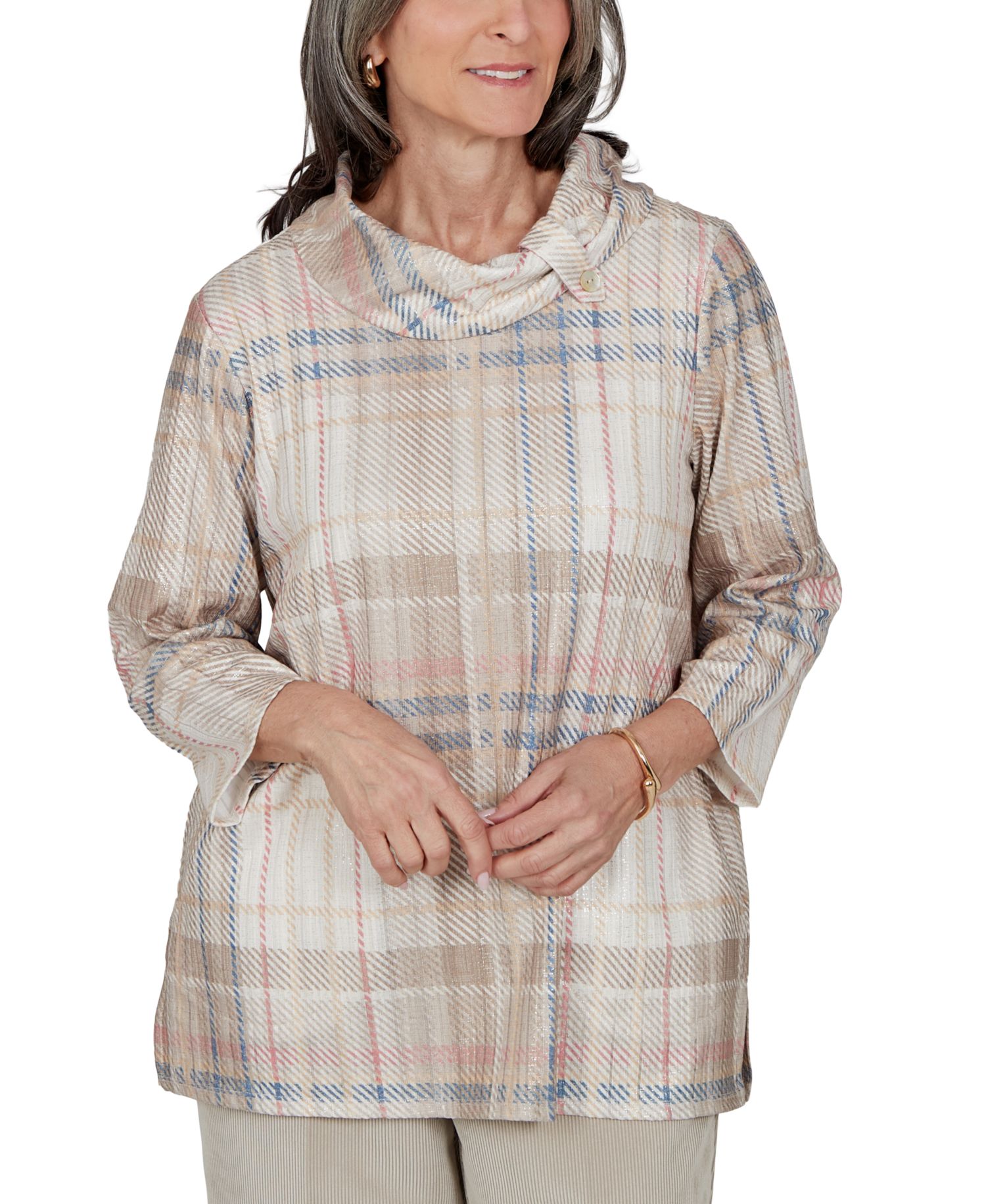 Petite Plaid Cowl Neck 3/4-Sleeve Tunic Top