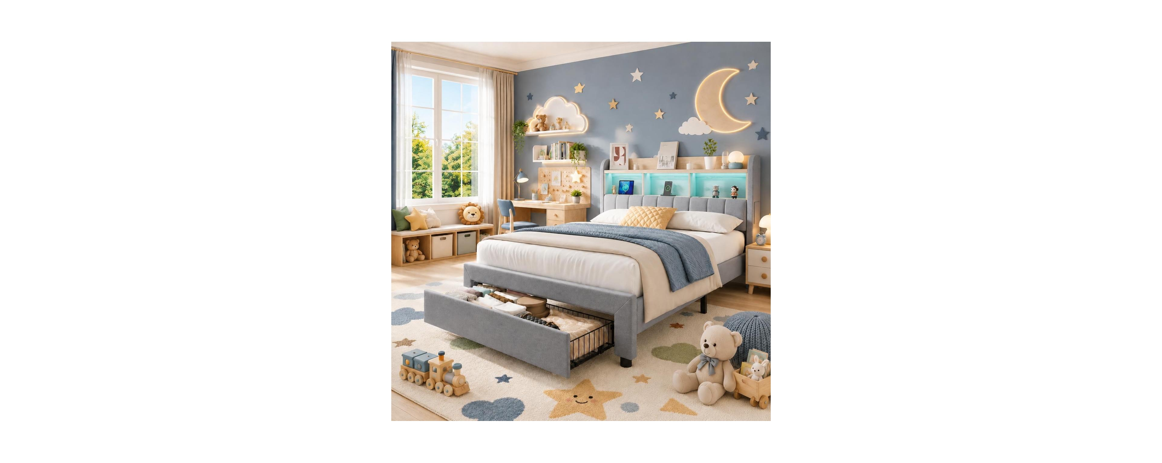 gaomon Twin Size Upholstered Storage Bed Frame with Led Lights, Charging Station and 2 Drawers Heavy Duty Platform, No Box Spring, Easy Assembly