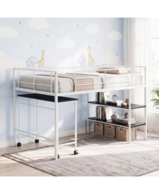 Twin Loft Bed with Desk, Metal Kids Loft Bed with Rolling Desk, Bookshelf Ladder, Guardrail