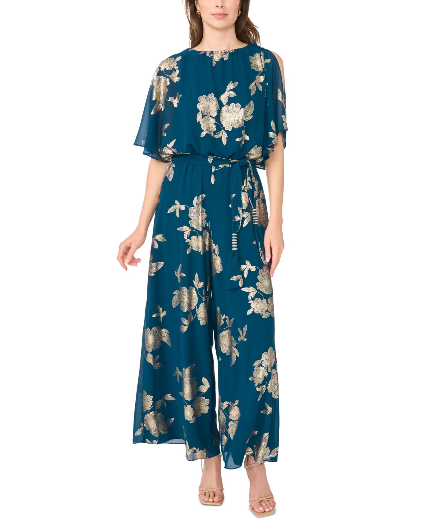 Женский комбинезон MSK Floral-Print Metallic Wide-Leg Jumpsuit, цвет: Зелёный — фото 1