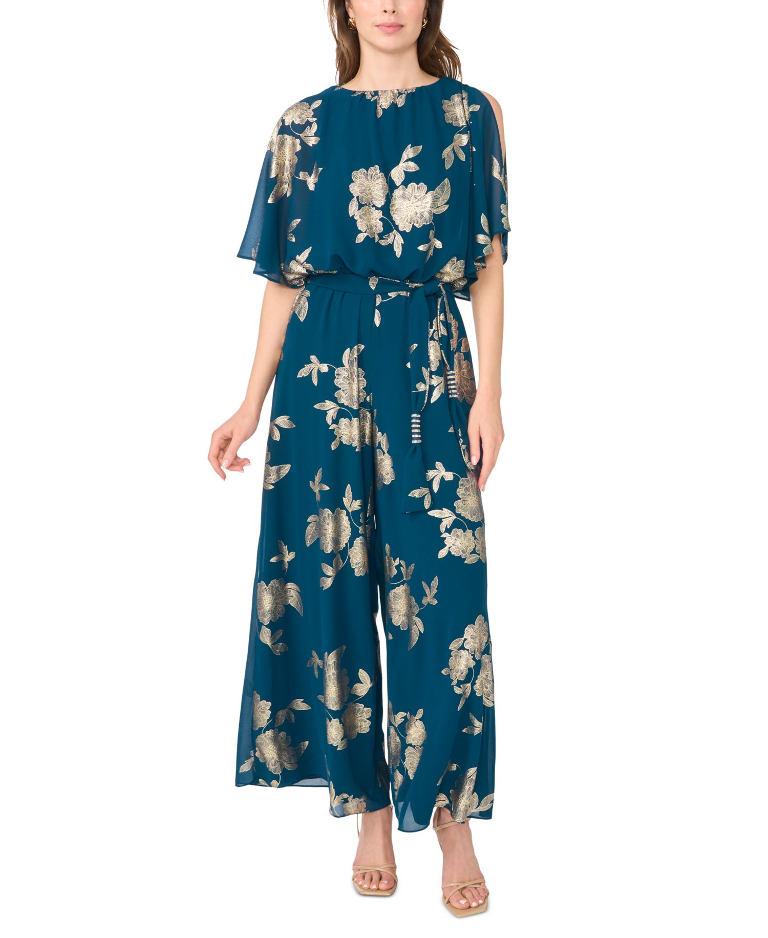 Women's Floral-Print Metallic Wide-Leg Jumpsuit