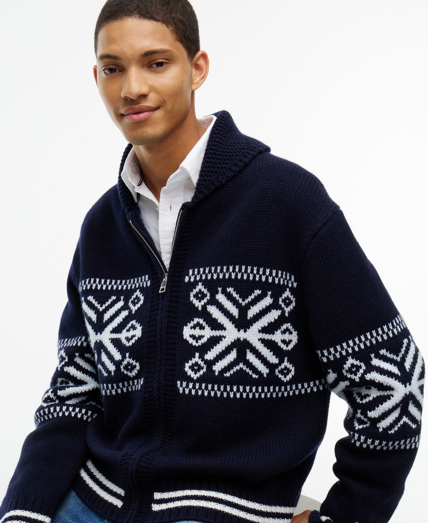 Мужской шерстяной кардиган Tommy Hilfiger Varsity на молнии из смесовой шерсти, цвет: Тёмно-синий / Слоновая кость — фото 3