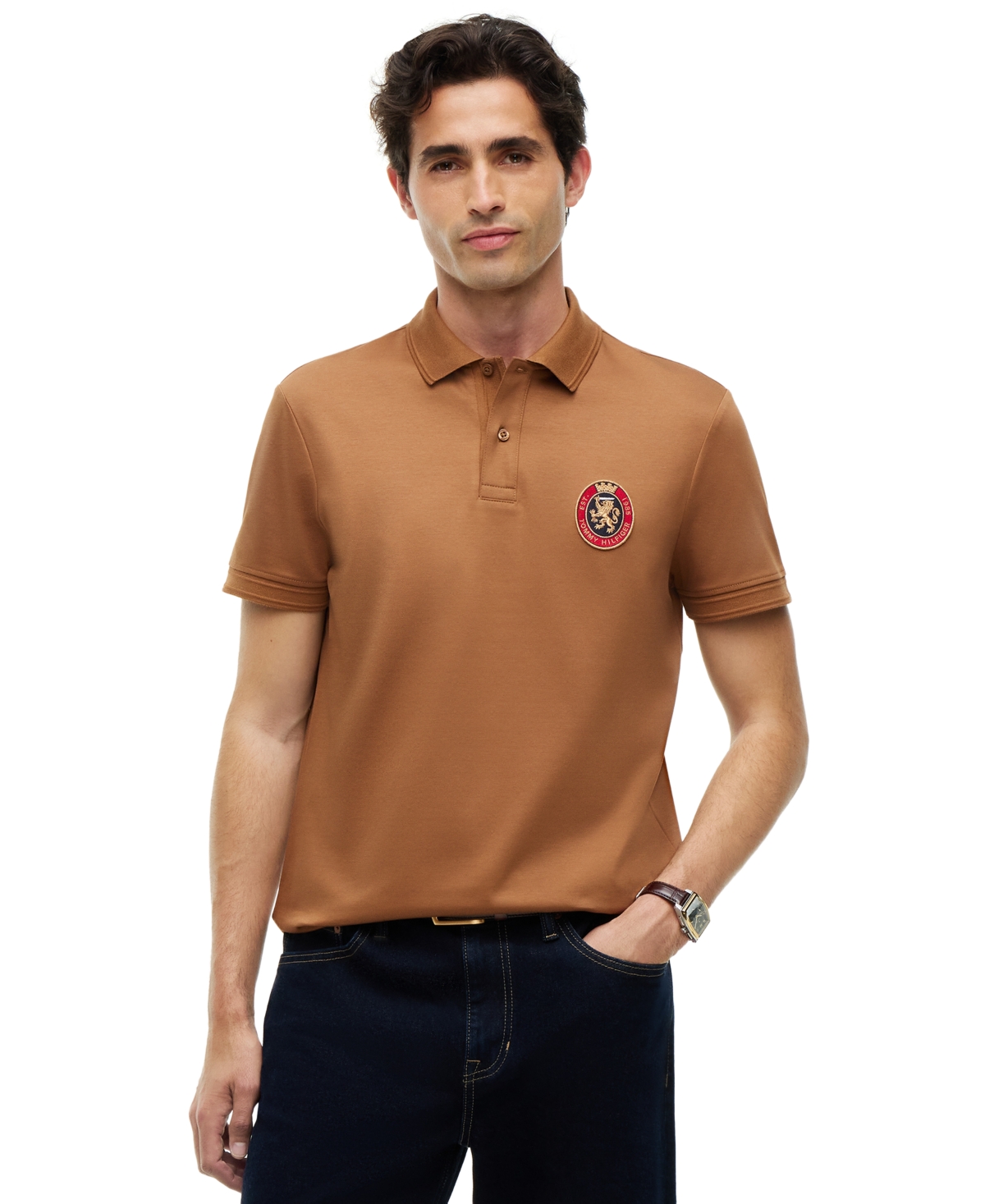 Tommy Hilfiger Men's Regular Fit Crest Patch Interlock Polo - Timeless Tawny - M