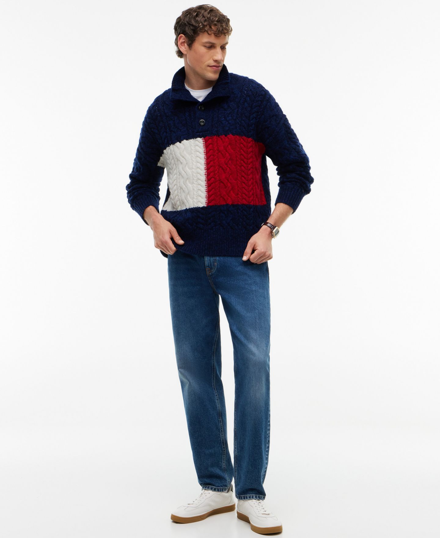 Мужской свитер Tommy Hilfiger косой вязки с воротником-стойкой из смеси шерсти, цвет: Тёмно-синий — фото 2