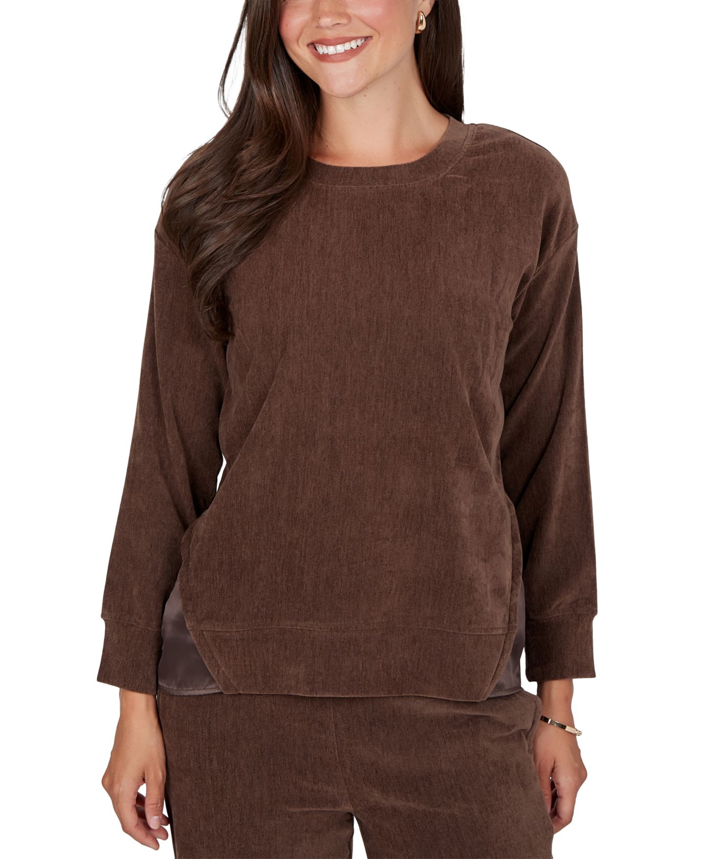 Женский свитер Ruby Rd. Petite Crewneck Long-Sleeve Side-Slit Corduroy Pullover, цвет: Какао — фото 1