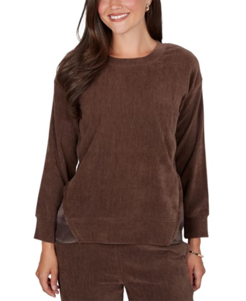 Женский свитер Ruby Rd. Petite Crewneck Long-Sleeve Side-Slit Corduroy Pullover, цвет: Какао