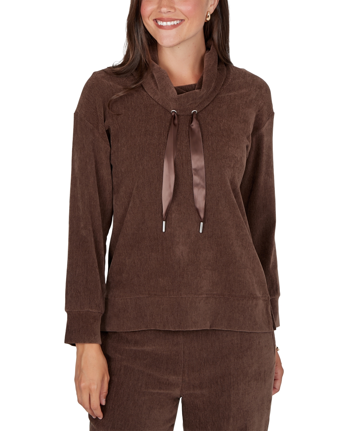 Ruby Rd. Women's Cowl Neck Ribbed Knit Long Sleeve Pullover - Cocoa
