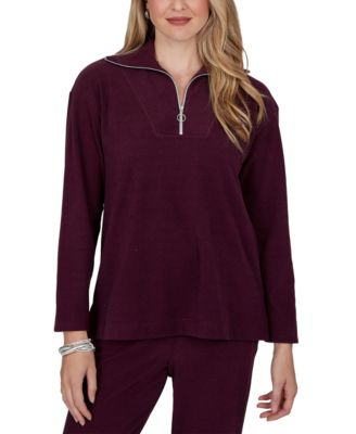 Petite Ribbed-Knit Quarter-Zip Long-Sleeve Top