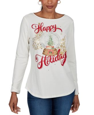 Petite Boat-Neck Long-Sleeve Holidays Top