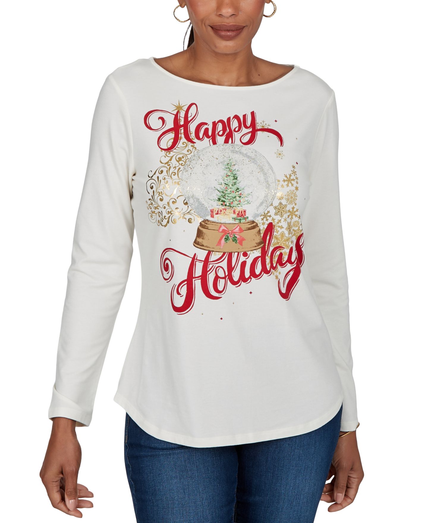 Женский топ Ruby Rd. Petite Boat-Neck Long-Sleeve Holidays, цвет: Слоновая кость разноцветный — фото 1