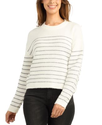 Juniors' Striped Cropped Pullover Crewneck Sweater