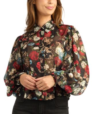 Juniors' Floral-Print Long-Sleeve Burnout Blouse