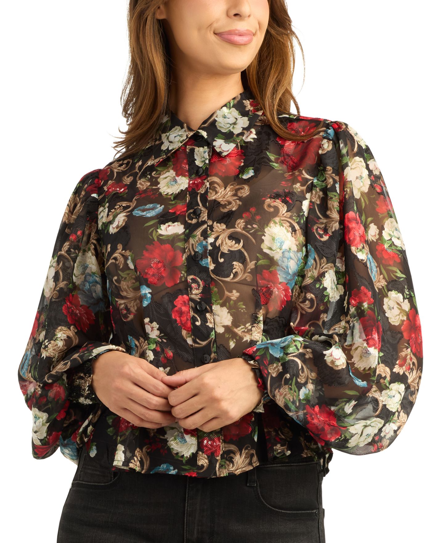 Женская блузка BCX Juniors' Floral-Print Long-Sleeve Burnout, цвет: Pat B — фото 1