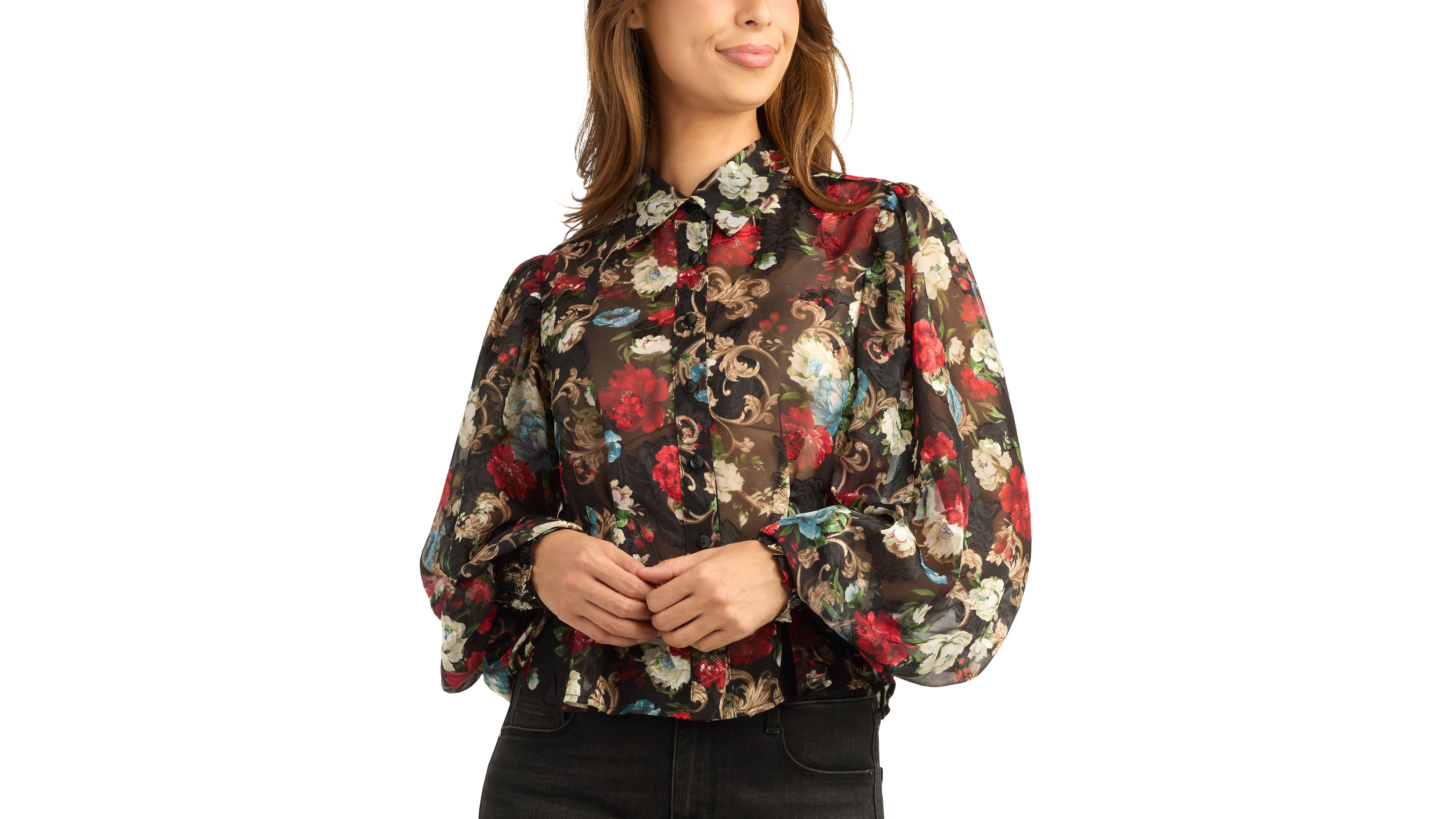 Bcx Juniors' Floral-Print Long-Sleeve Burnout Blouse
