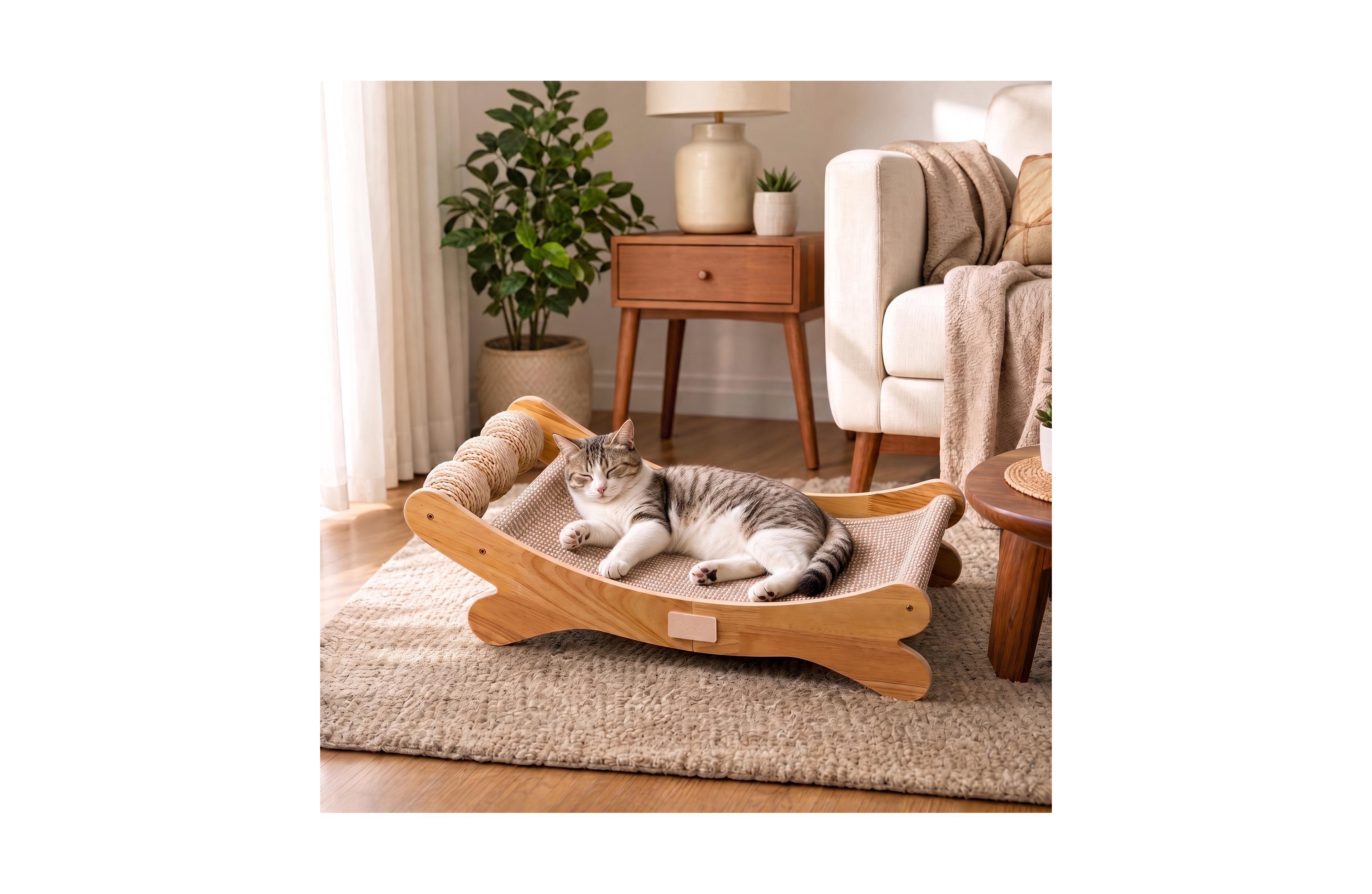 Lalfpet Bone Shaped Wooden Cat Scratcher Lounge, Detachable Sisal Cat Scratching Bed with Rolling Ball Toy for Indoor Cats