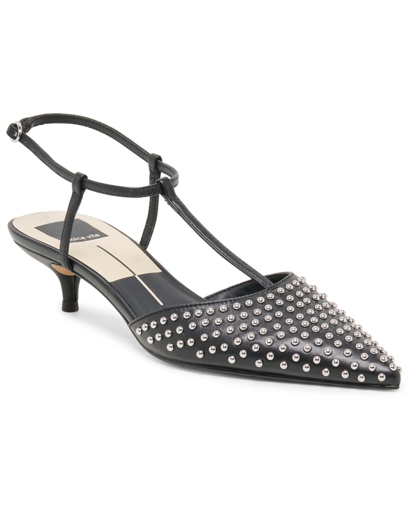 Женские туфли Dolce Vita Torena Pointed Toe T-Strap Kitten Heel, цвет: Чёрный кожаный — фото 1