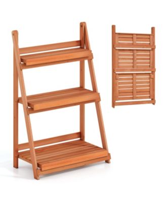 3-Tier Foldable Fir Wood Plant Stand with Slatted Shelves