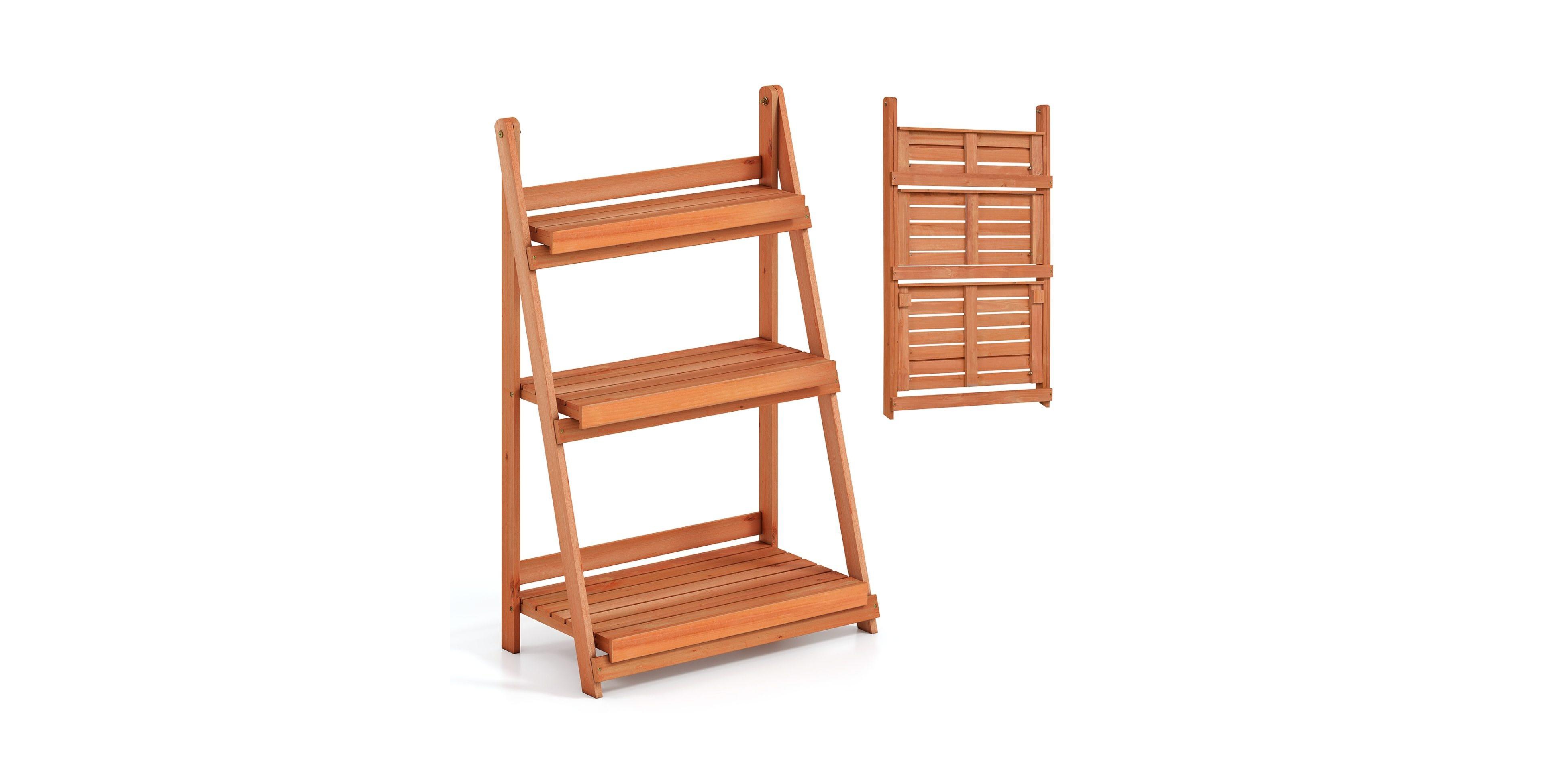Sugift 3-Tier Foldable Fir Wood Plant Stand with Slatted Shelves