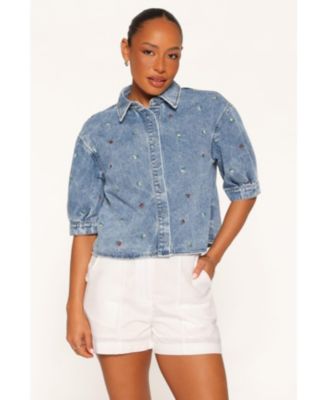 Women's Nerys Embroidered Denim Spread Collar Short-Sleeve Shirt