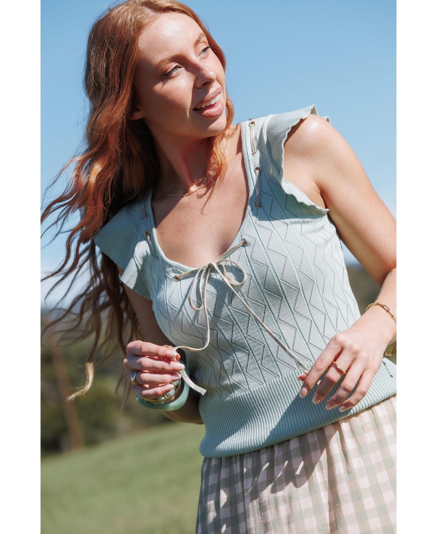 Women's Tucker Pointelle Scoop Neck Tie-Front Sleeveless Top
