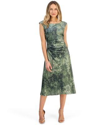 Women's Cap-Sleeve Velvet Shirred-Waist Midi Dress