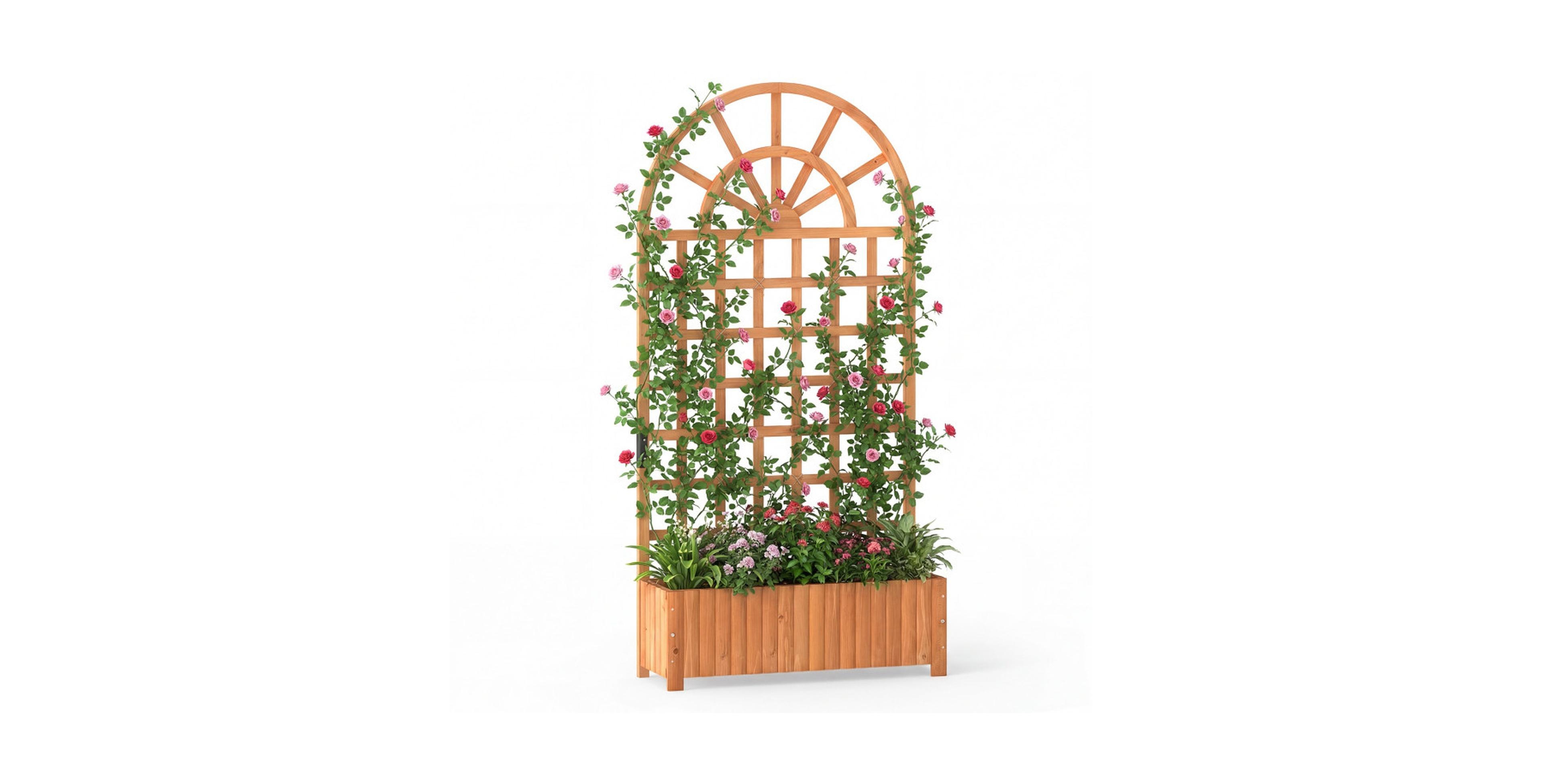 Sugift 71-Inch Fir Wood Raised Garden Bed with Trellis Privacy Screen