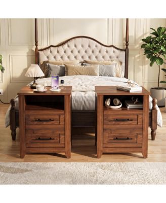 Set of 2 Farmhouse Nightstands with 2 Drawers, Charging Station, USB & Type-C Ports, AC Outlets and Open Compartment