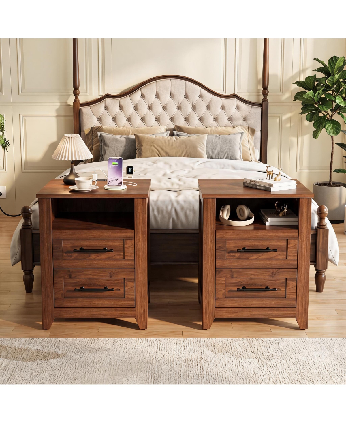 Gaomon Set of 2 Farmhouse Nightstands with 2 Drawers, Charging Station, Usb & Type-c Ports, Ac Outlets and Open Compartment