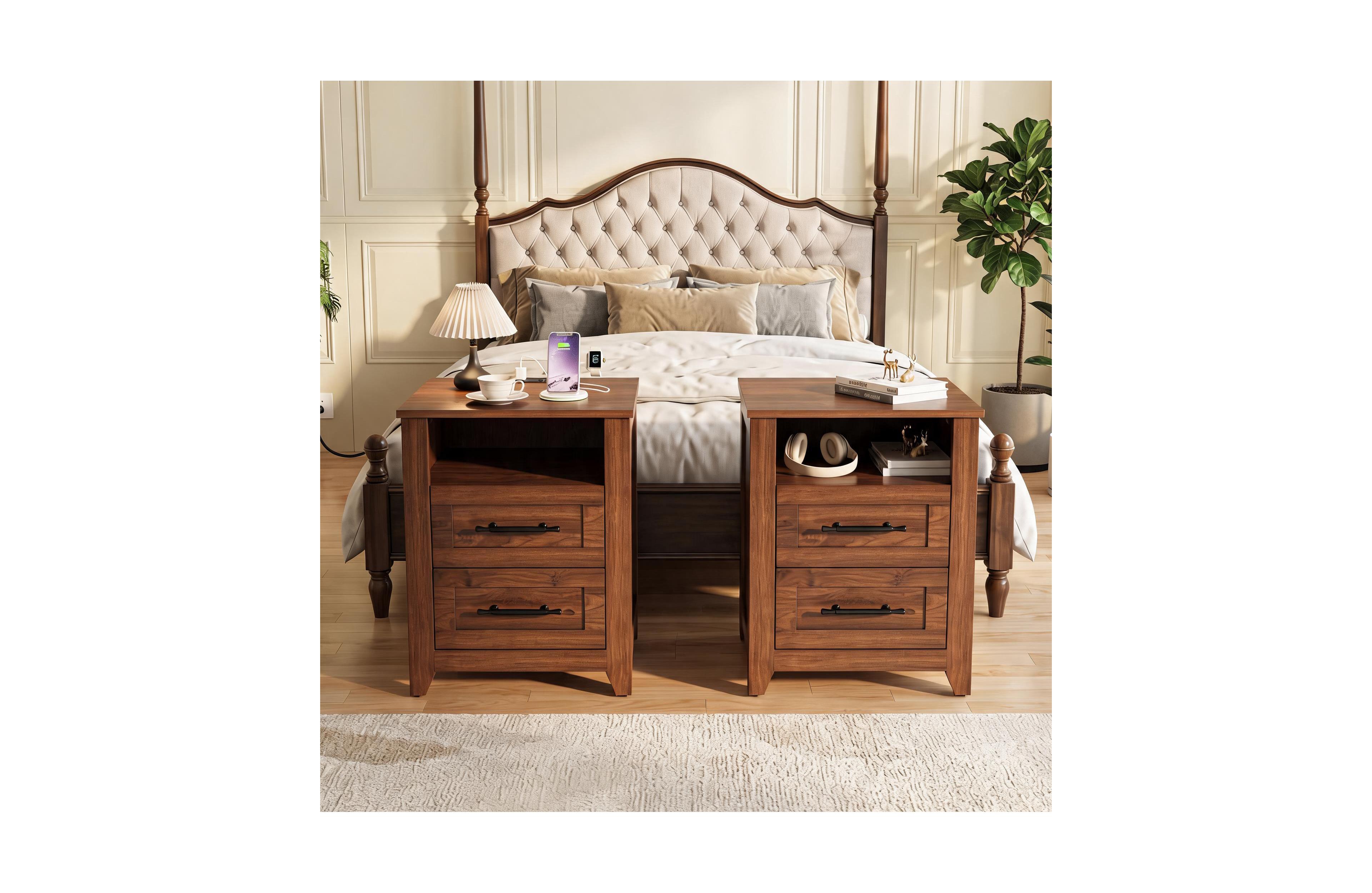 Gaomon Set of 2 Farmhouse Nightstands with 2 Drawers, Charging Station, Usb & Type-c Ports, Ac Outlets and Open Compartment
