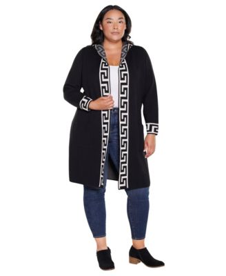 Plus Size Novelty-Stitch Hooded Duster Cardigan Sweater