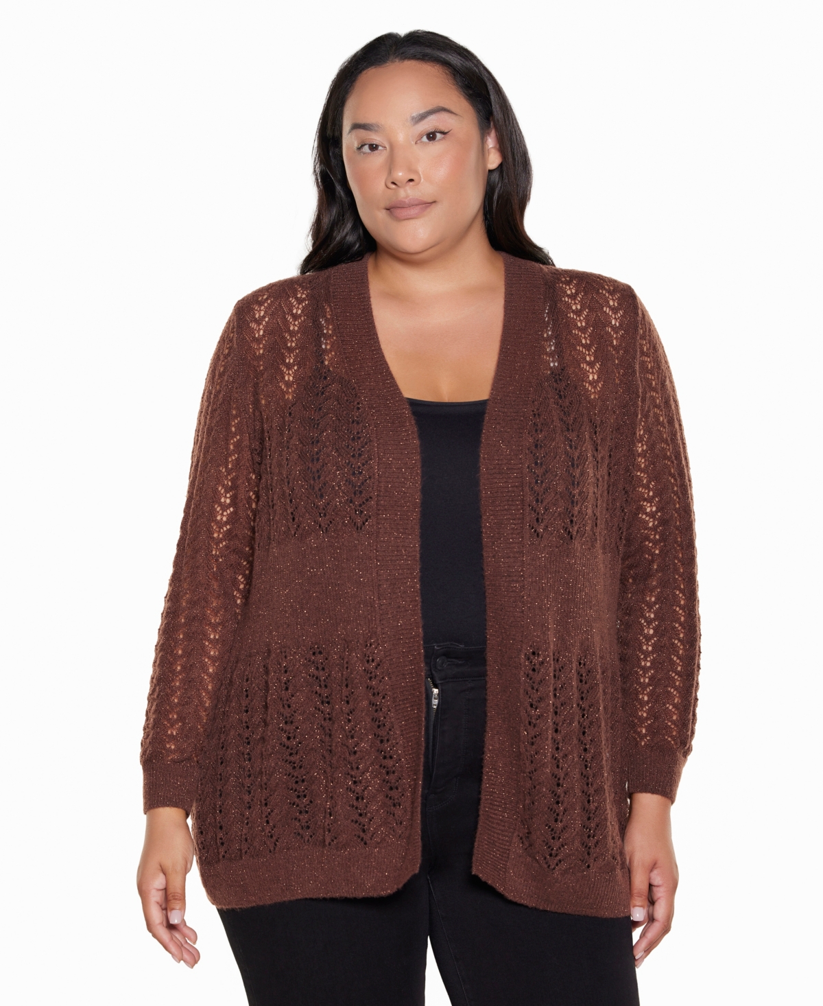 Belldini Plus Open-Front Lightweight Pointelle Cardigan Sweater