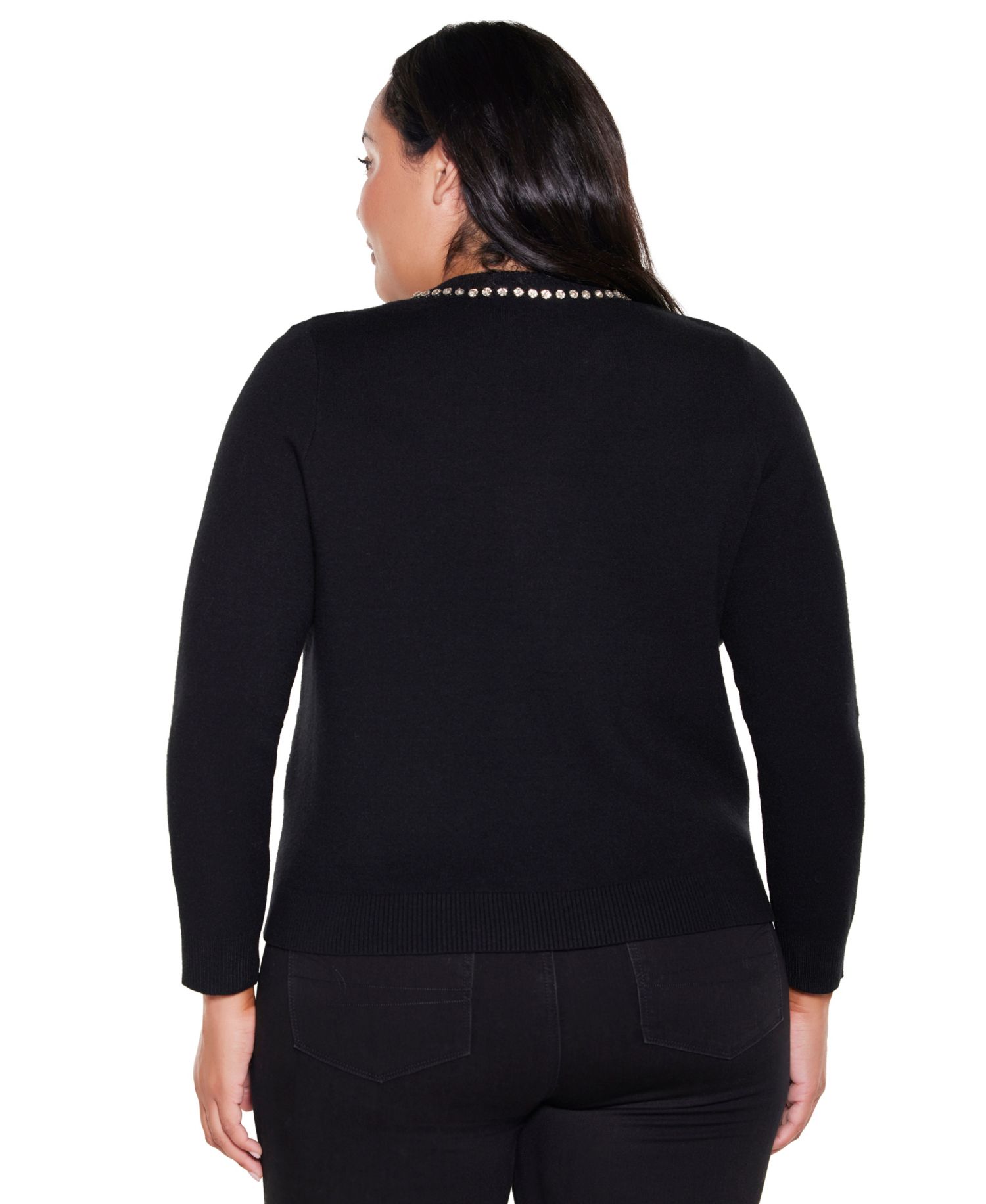 Plus Size Embellished Long-Sleeve Crewneck Cardigan Sweater