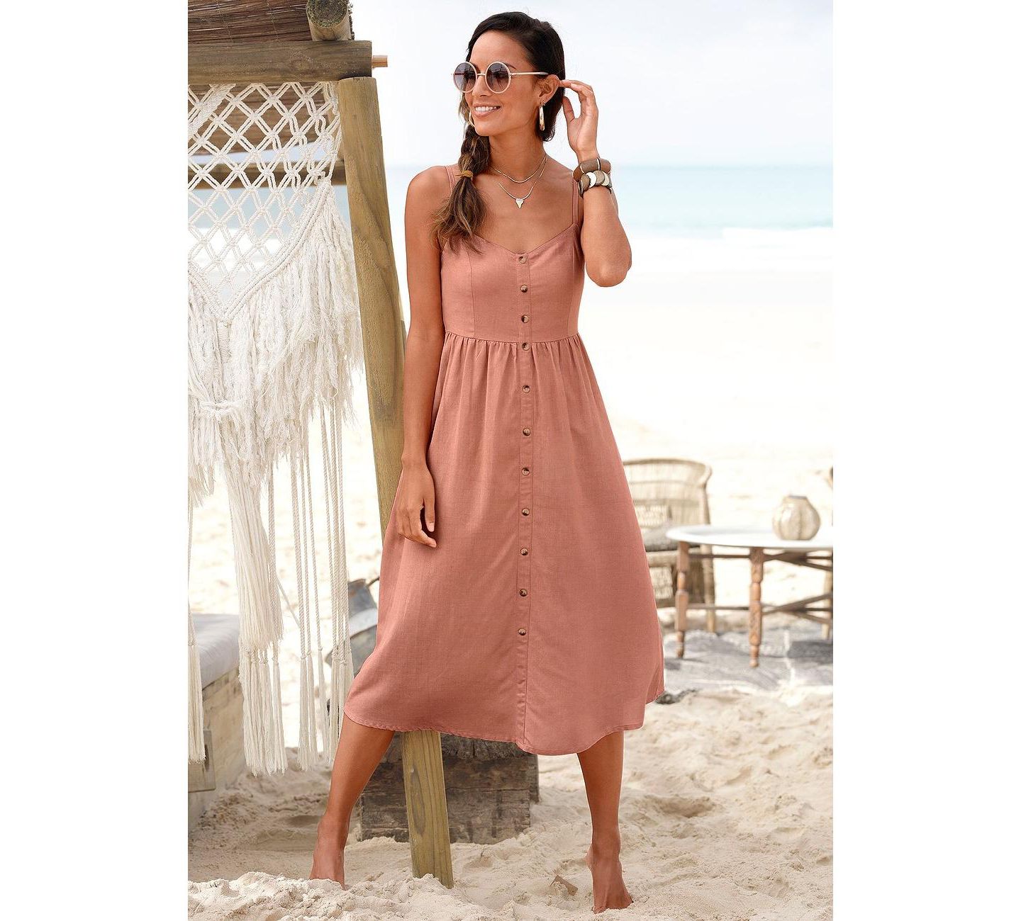 Женское платье LASCANA Printed Button Up Panel Smocked A-Line V-Neck Midi, цвет: Абрикосовый — фото 2