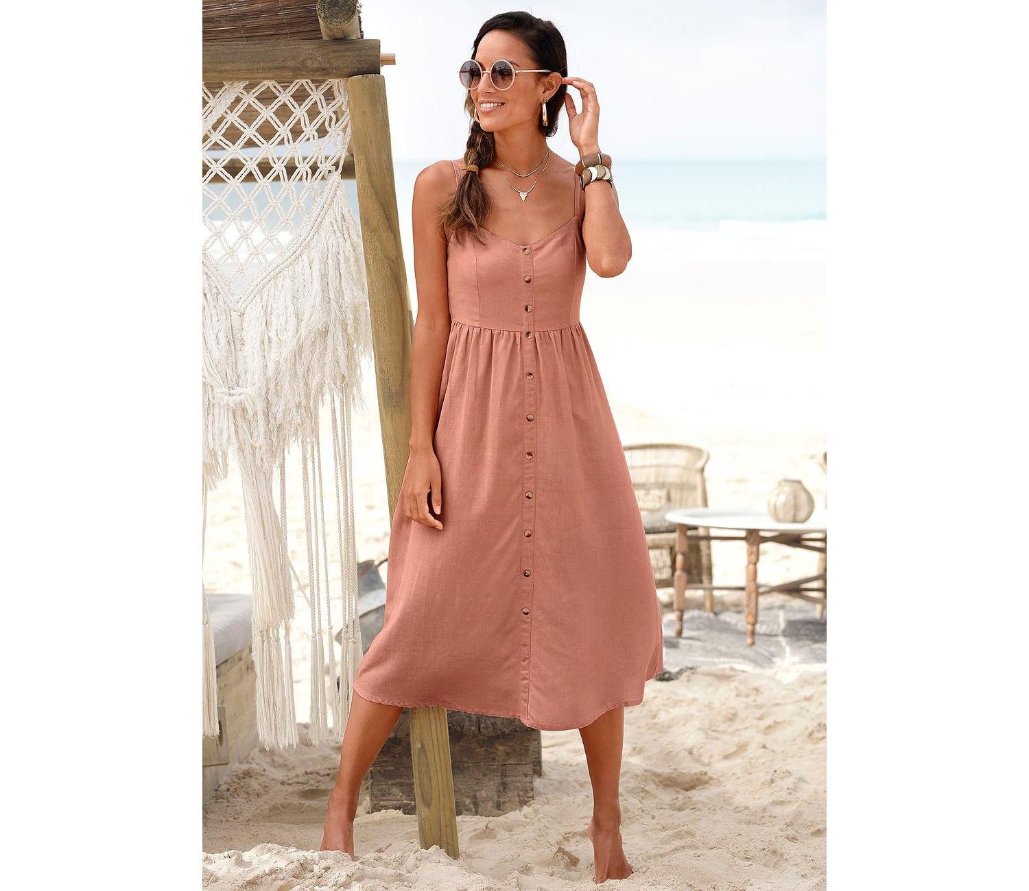 Women's Printed Button Up Panel Smocked A-Line V-Neck Midi Dress
