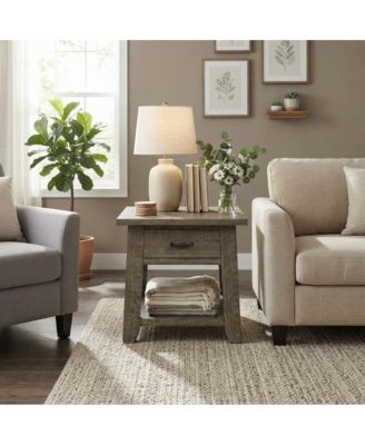 Pine Veneer Rustic Farmhouse End Table with Drawer, Side Table