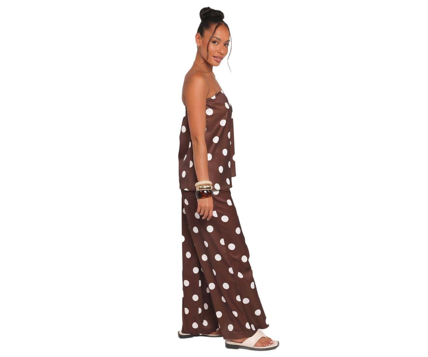 Женский комплект Petal and Pup Brielle Polka-Dot Strapless Wide-Leg Top and Pants, 2-Piece Set, цвет: Коричневый в горошек — фото 2