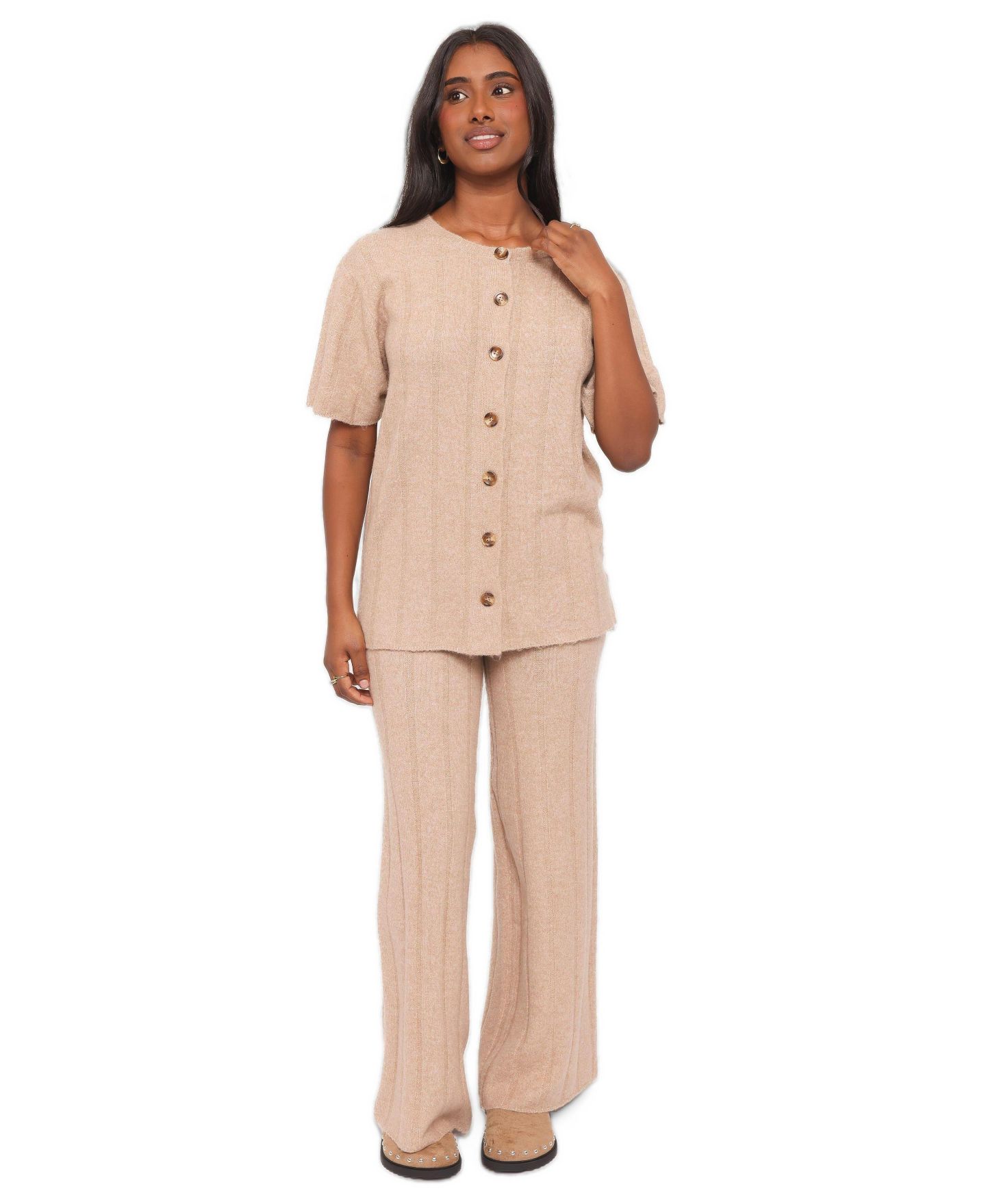Женский комплект Petal and Pup Wallace Wide-Leg Ribbed Short-Sleeve Top and Pants, 2-Piece Set, цвет: Светлый бежевый — фото 2