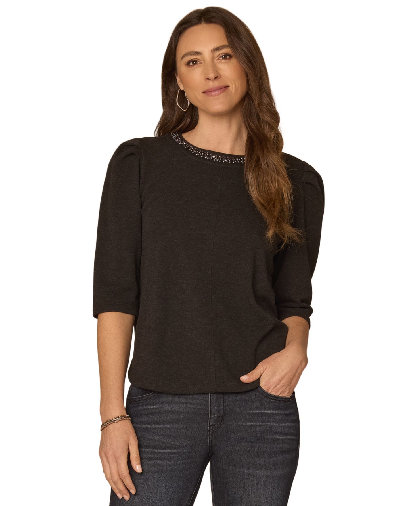 Женская блузка Democracy Petite Scoop-Neck Rhinestone Elbow-Length Sleeve Blouse, цвет: Чёрный — фото 1