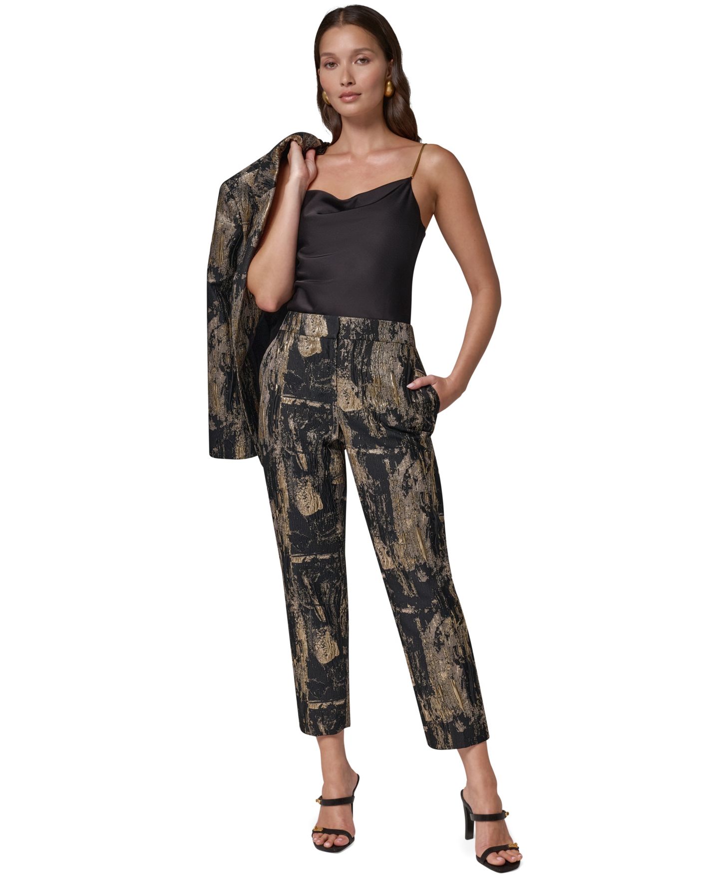 Женские брюки Donna Karan New York Brushstroke Metallic Slim-Leg Ankle, цвет: Чёрный разноцветный — фото 3