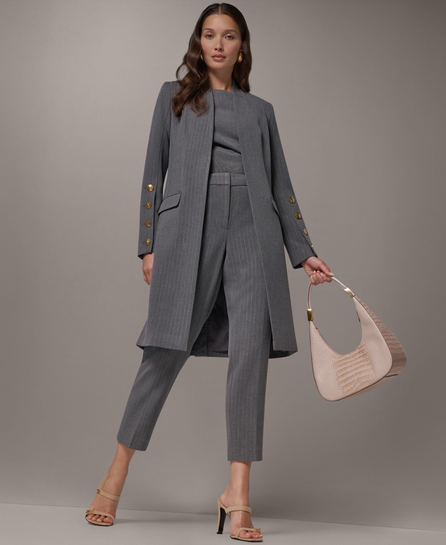 Женская удлинённая куртка Donna Karan New York в тонкую полоску на подкладке, цвет: Светлый меланжевый серый — фото 12