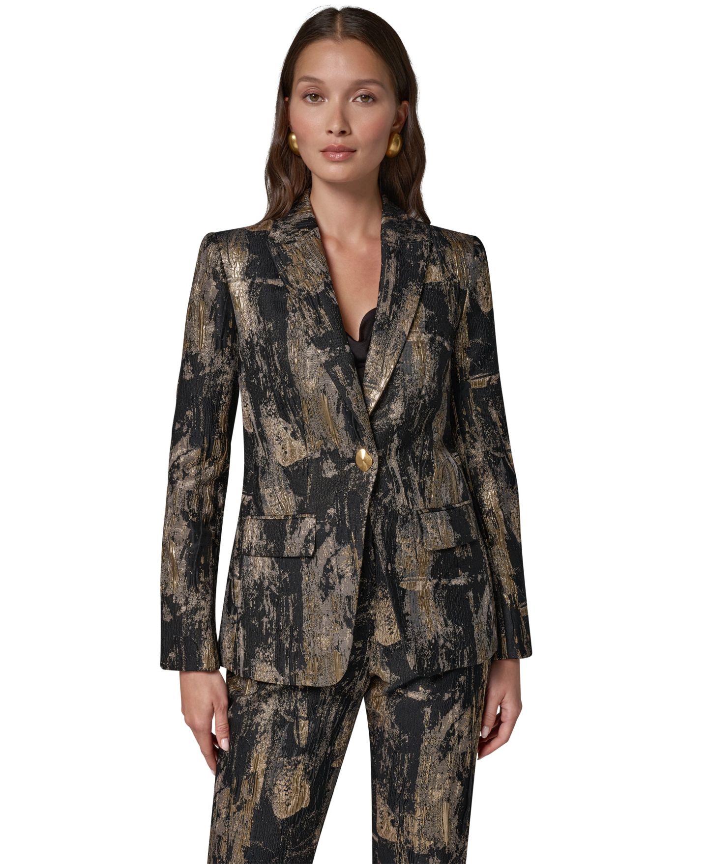 Женский блейзер Donna Karan New York с острыми лацканами и подплечниками, Brushstroke, цвет: Чёрный разноцветный — фото 1