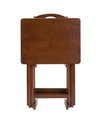 Solid Wood TV Trays Set Of 4 With Storage Rack in Walnut Finish